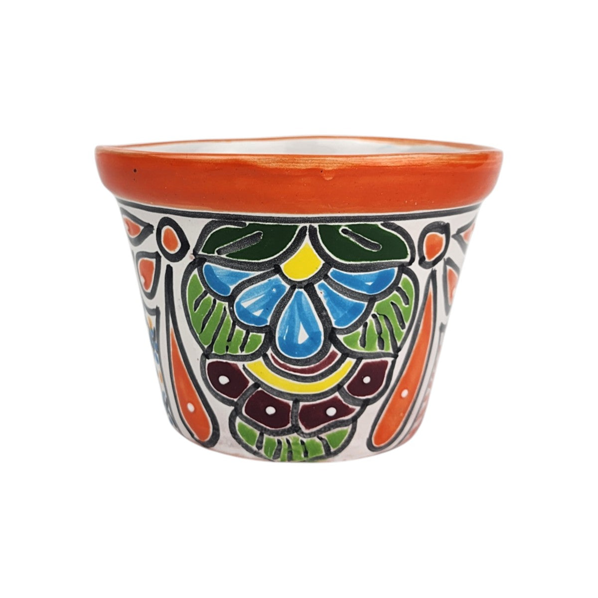Red orange rim ceramic planter with sky blue petals, green leaves, burgundy and yellow accents, and black outlining on a white background.