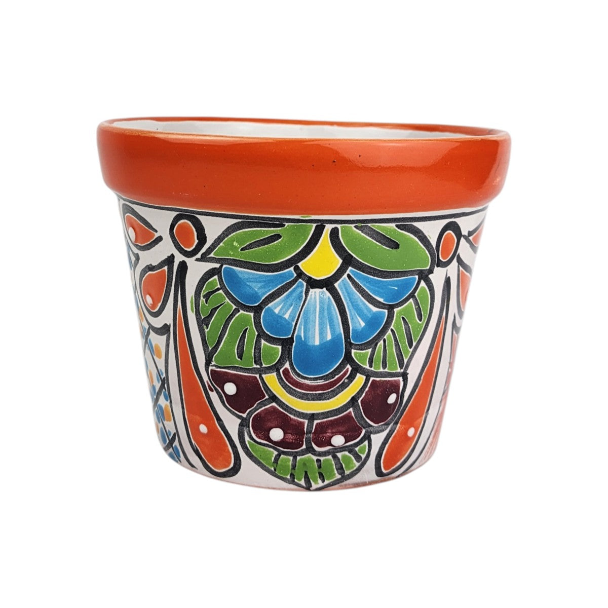 Red orange rim ceramic planter with sky blue petals, green leaves, burgundy and yellow accents, and long orange teardrop shapes.
