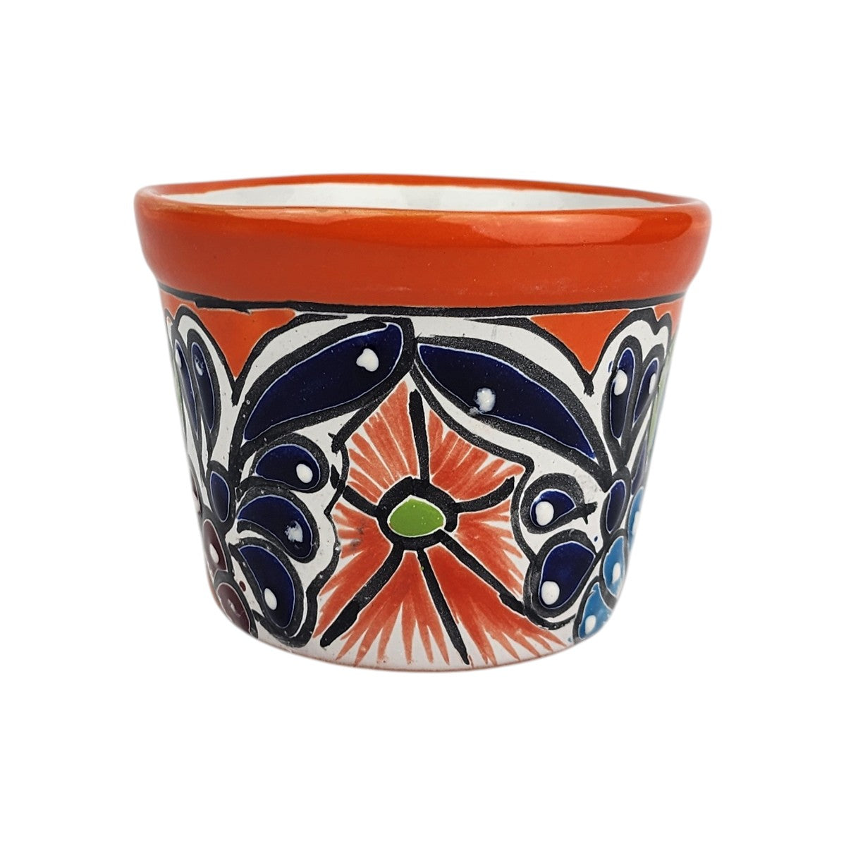 Red orange rim Talavera-style ceramic planter 5-inch hand-painted in Mexico
