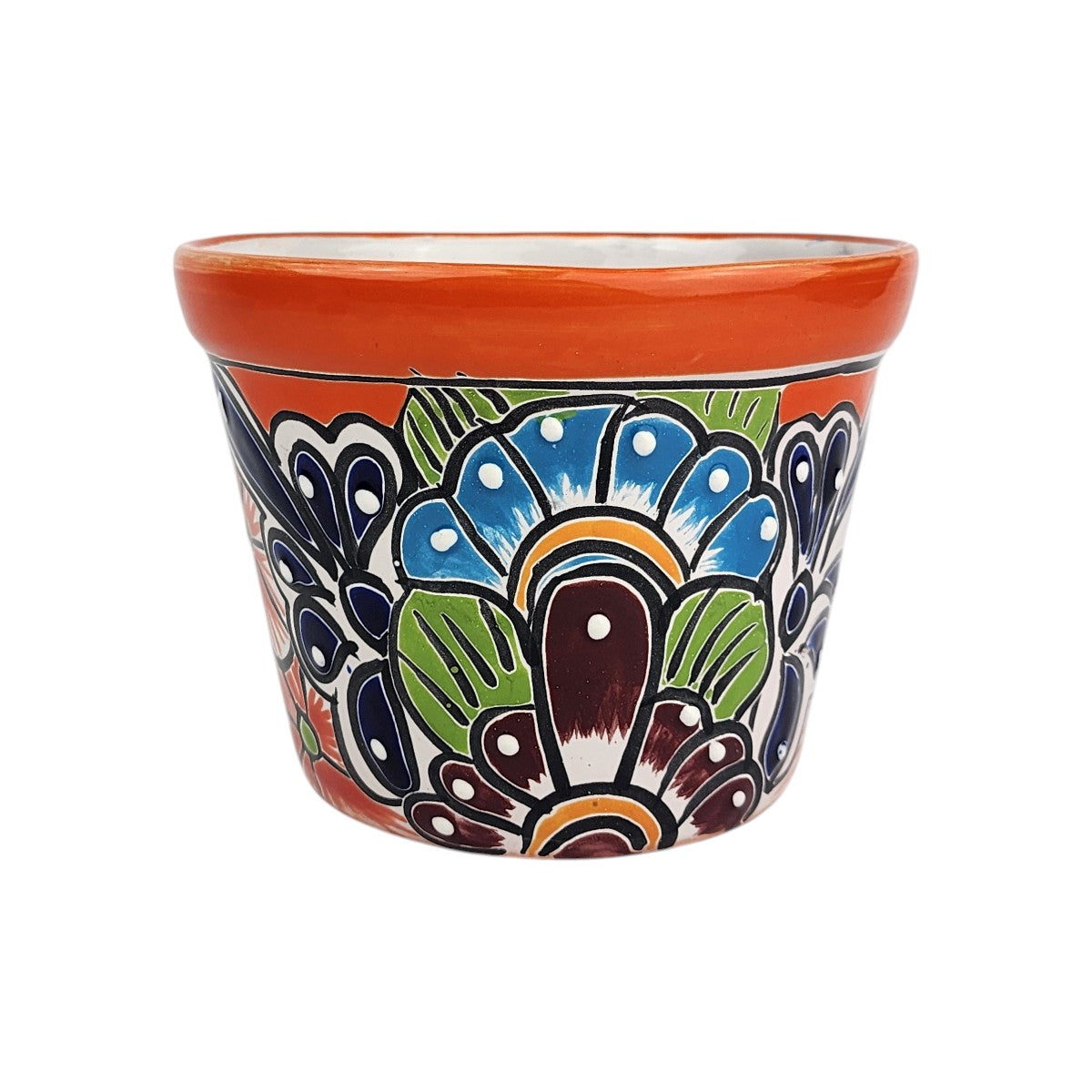 Red orange rim ceramic planter with sky blue and burgundy flowers, deep blue petals, green leaves, and white dotted highlights.
