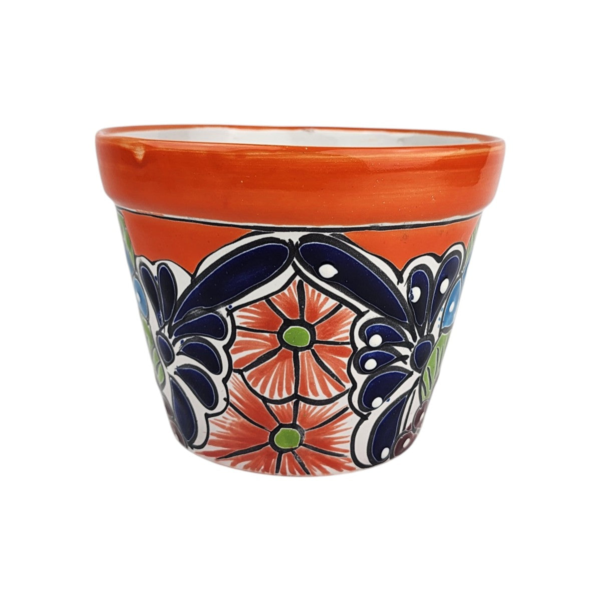 Red orange rim ceramic planter with orange flowers, green centers, deep blue petal and teardrop motifs, white dots, and black outlines.
