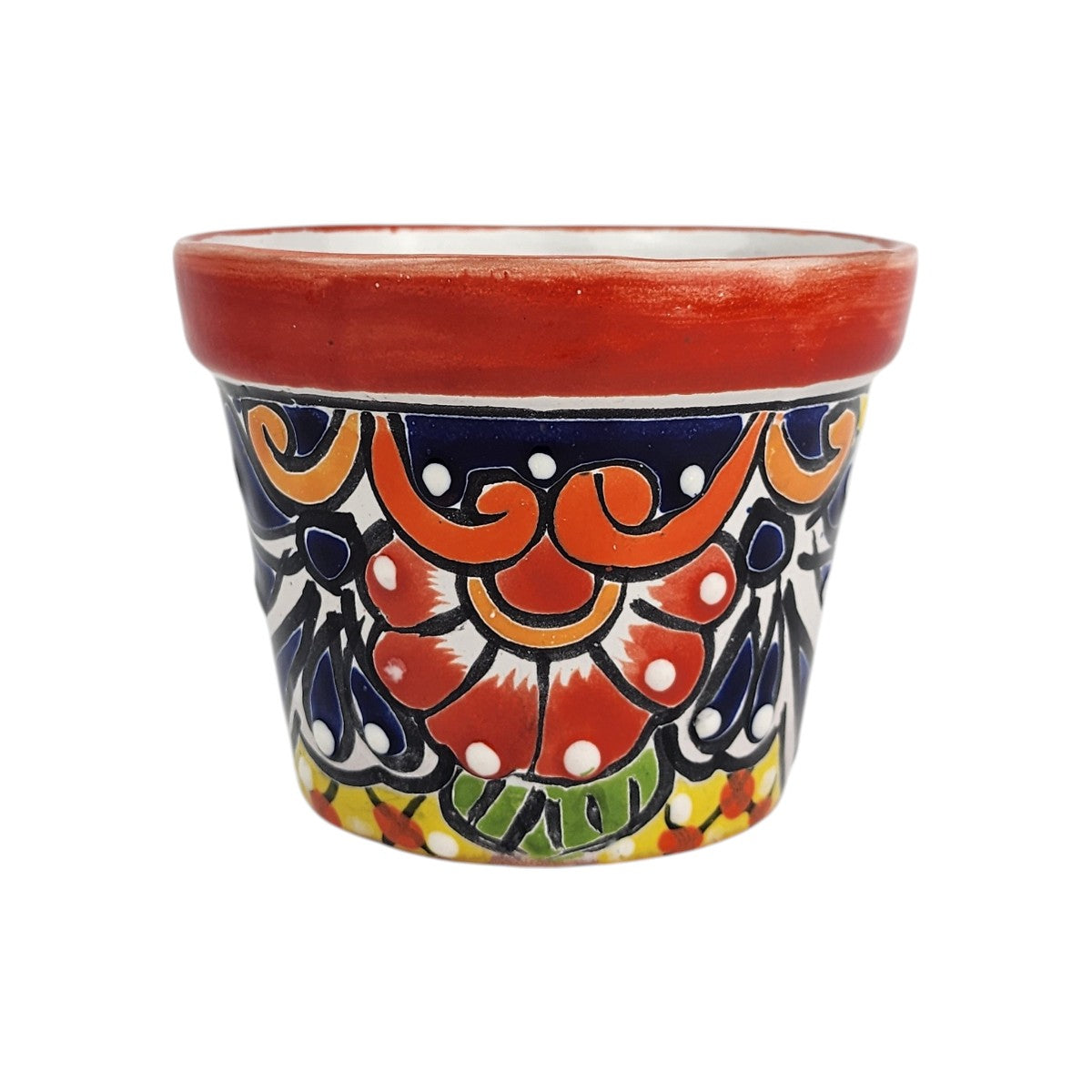 Red rim Talavera-style ceramic planter 5-inch hand-painted in Mexico
