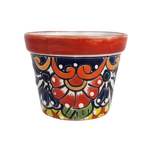 Red rim Talavera-style ceramic planter 5-inch hand-painted in Mexico