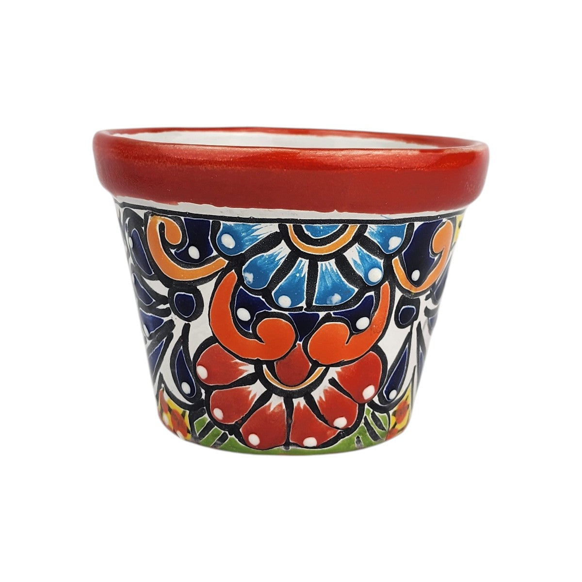 Red rim ceramic planter with red and sky blue flowers, deep blue accents, orange scrollwork, and green details on a white background.