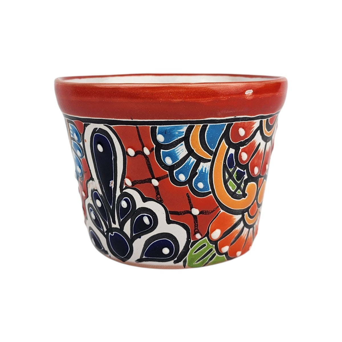 Red rim Talavera-style ceramic planter 5-inch hand-painted in Mexico
