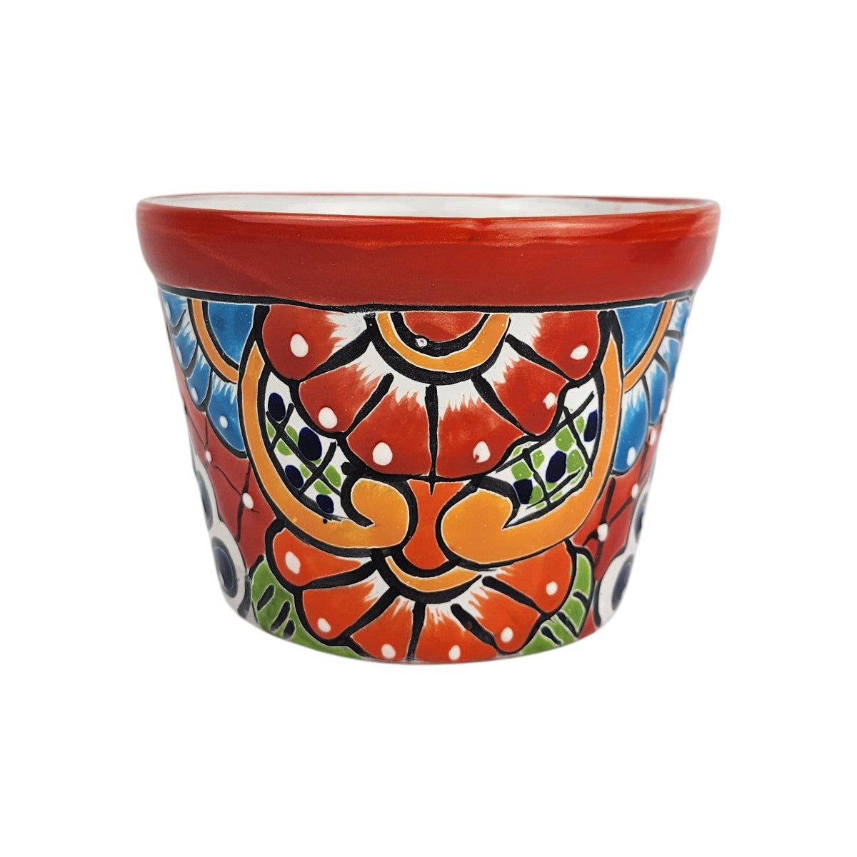 Red rim ceramic planter with red and orange flowers, golden-orange scrollwork, blue accents, and green lattice details on a white background.