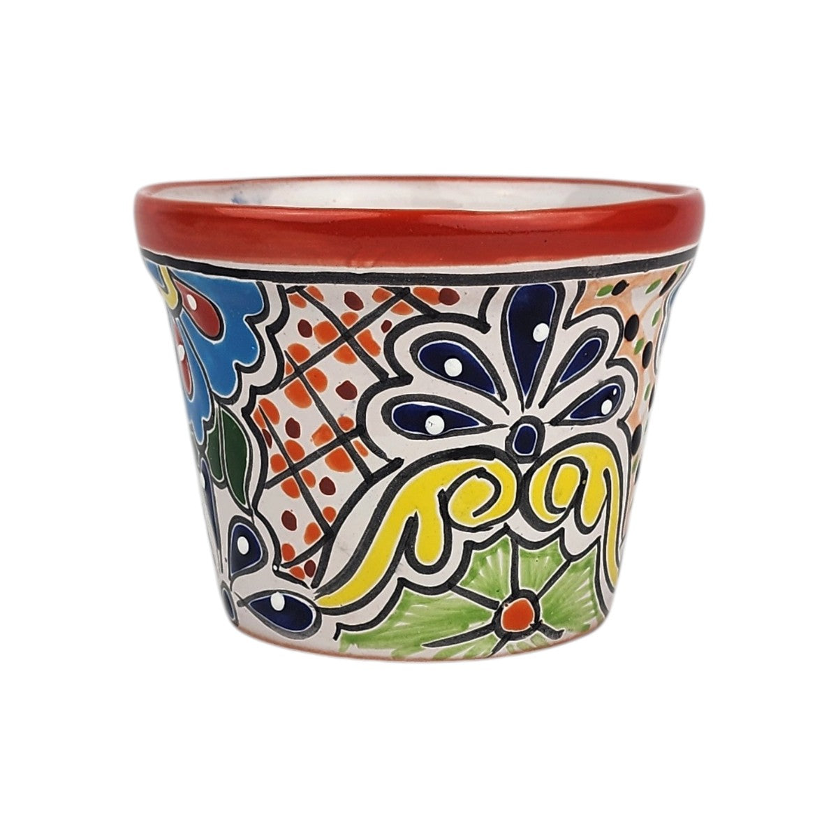 Red rim Talavera-style ceramic planter 5-inch hand-painted in Mexico