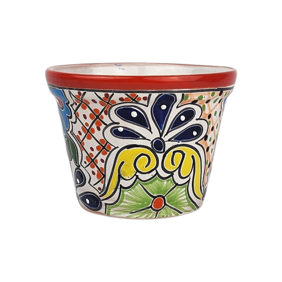 Red rim ceramic planter with deep blue petals, yellow scrollwork, a green flower, and dotted lattice patterns on a white background.