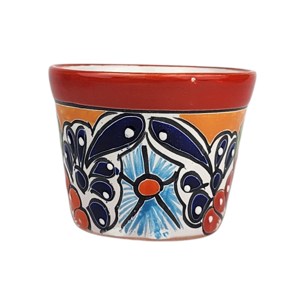 Red rim Talavera-style ceramic planter with blue and orange floral artwork, hand-painted in Mexico