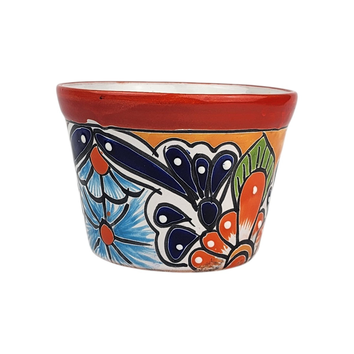 Red rim ceramic planter with sky blue flowers, deep blue petals, orange accents, and green leaf details on a white background.