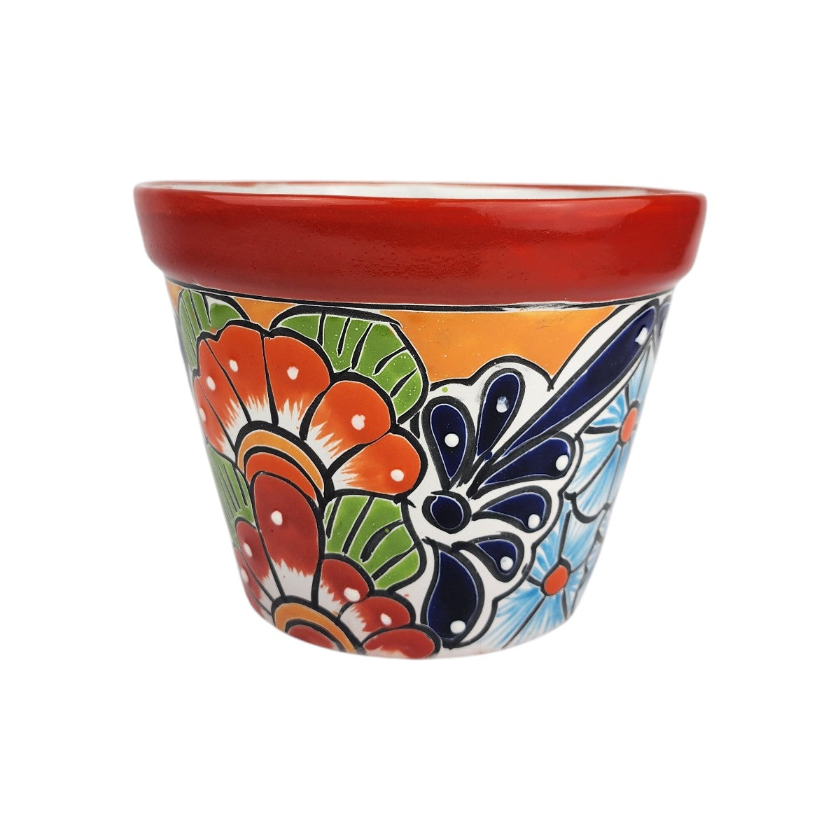 Red rim ceramic planter with orange and red flowers, green leaves, deep blue teardrops, sky blue floral details, and white dots.
