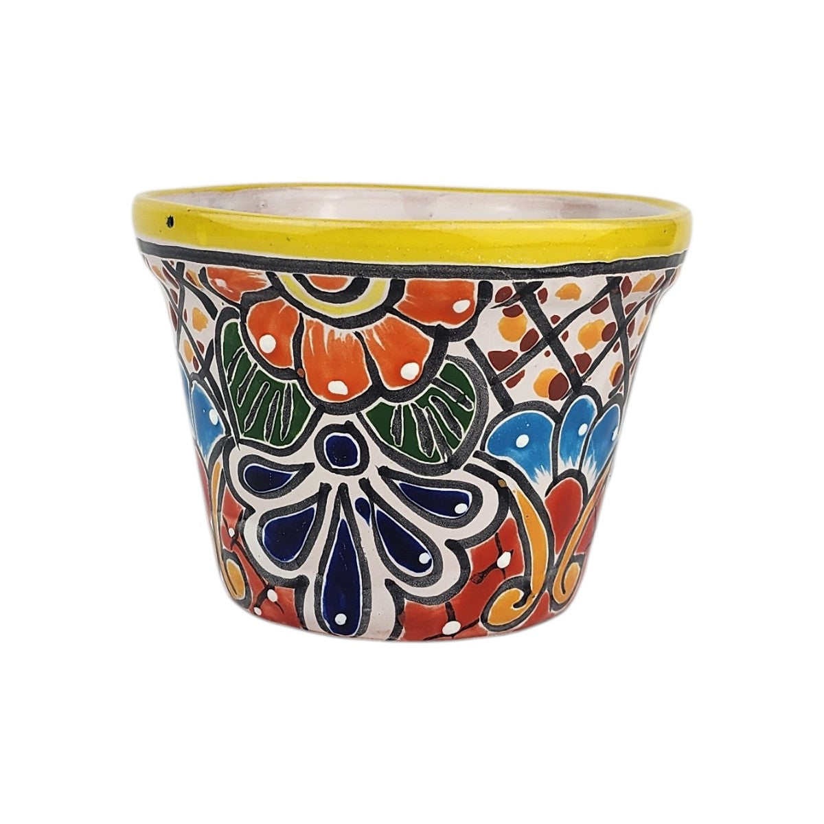 Yellow rim ceramic planter with orange flowers, green leaves, deep blue petals, and a dotted lattice pattern on a white background.
