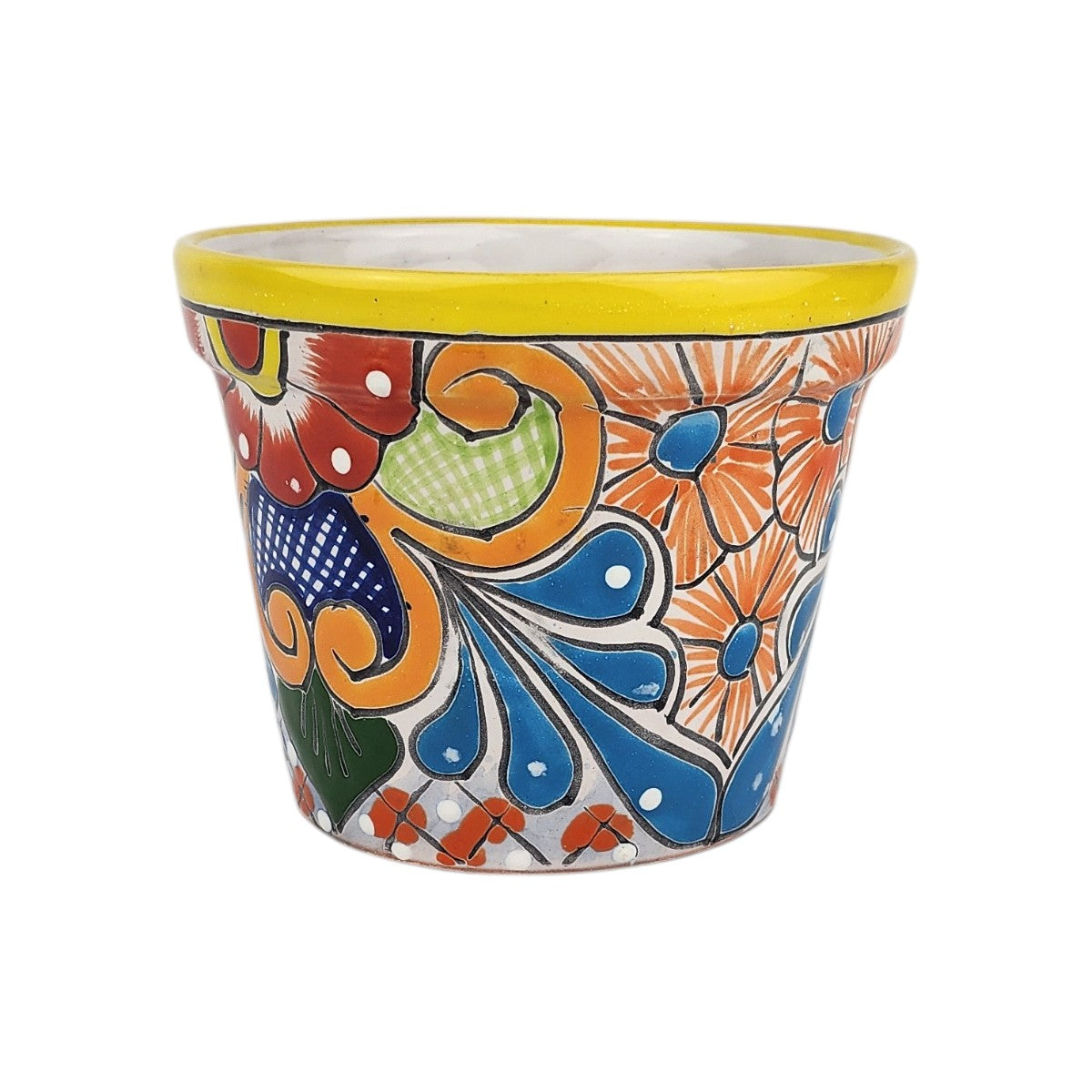 Yellow rim ceramic planter with orange flowers, blue teardrop motifs, golden-orange scrollwork, green accents, and fine crosshatch patterns.

