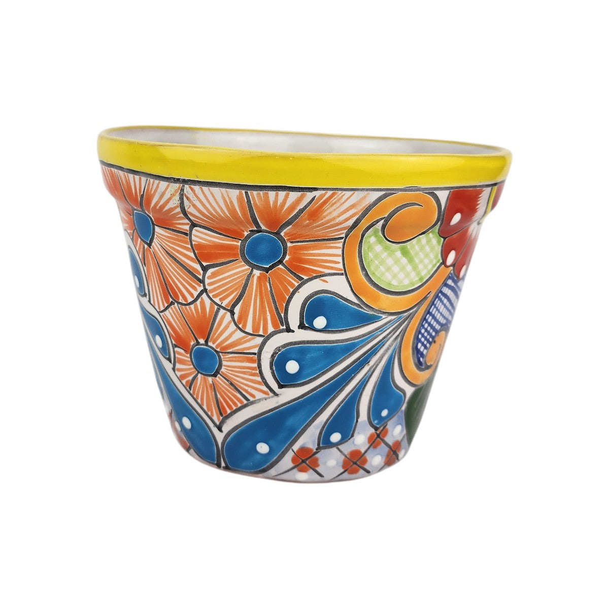 Yellow rim ceramic planter with orange flowers, blue centers, sweeping blue teardrop motifs, and golden-orange scrollwork on a white background.
