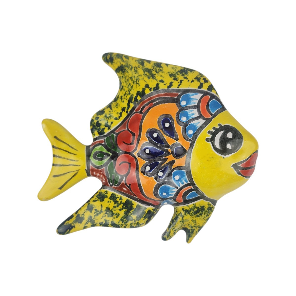 Yellow and orange Talavera-style ceramic fish wall décor handcrafted in Mexico with colorful floral artwork on a white background.