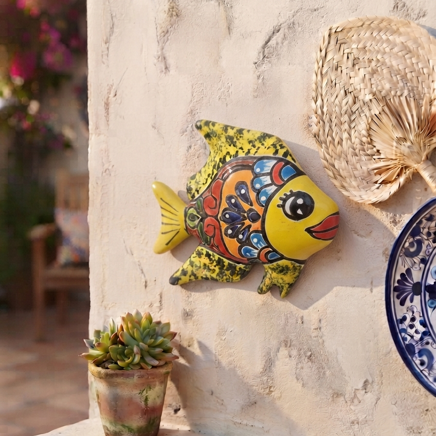 Yellow and orange Talavera-style ceramic fish wall décor displayed on a stucco wall in a coastal-inspired outdoor space.