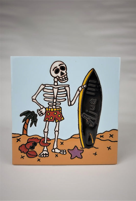 Day of the Dead Decorative Tiles Calavera Surfing Blue 6x6