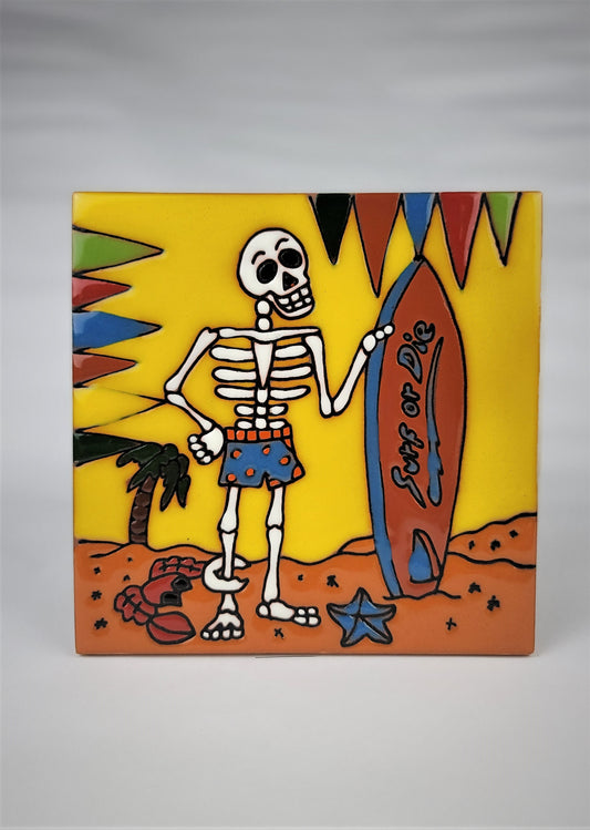 Day of the Dead Decorative Tiles Calavera Surfing 6x6
