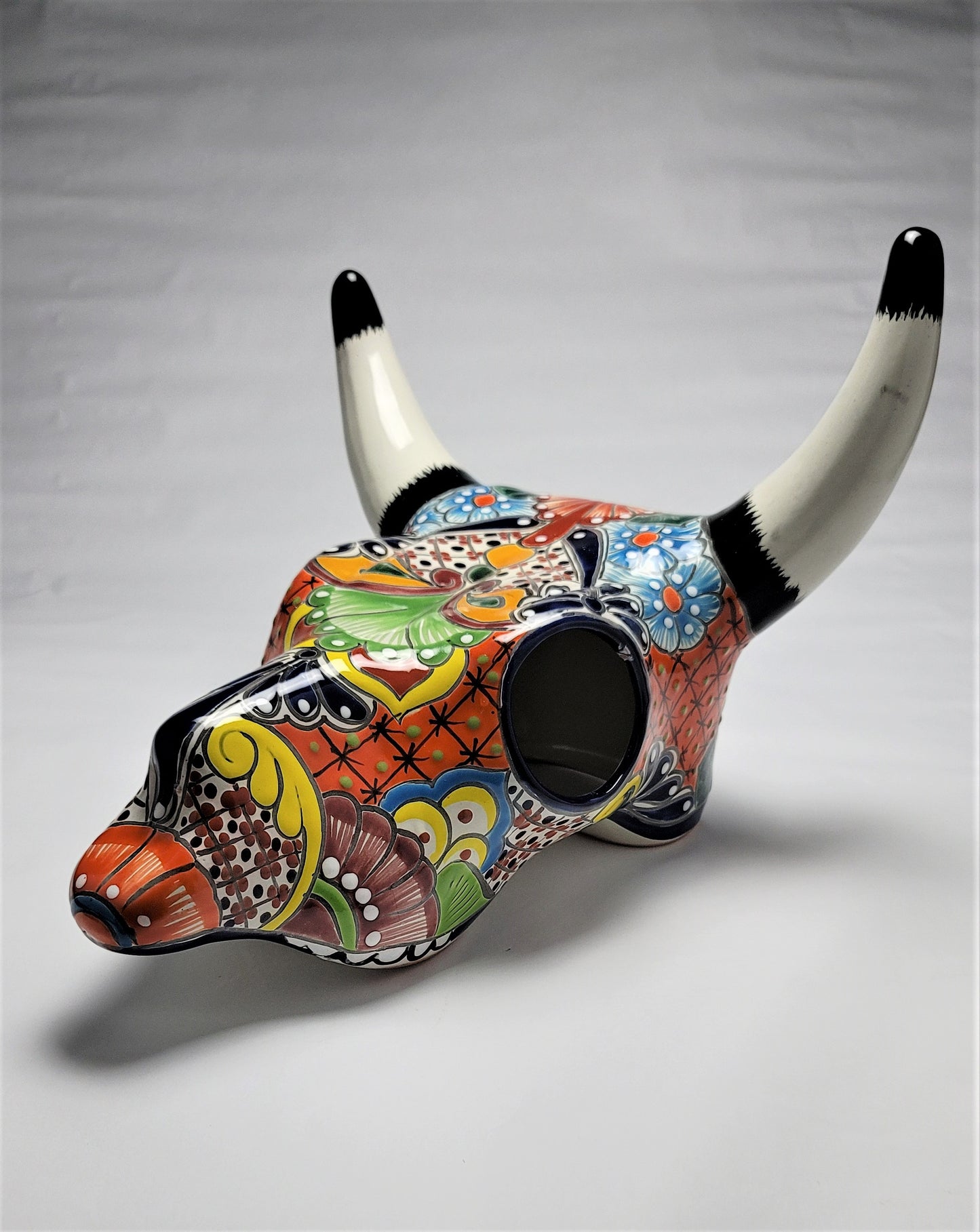 Mexican Hand-Painted Talavera Cow Skull Ceramic Pottery Folk Art