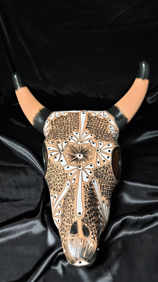 Mexican Hand-Painted Cow Skull Ceramic Pottery Mexico Folk Art