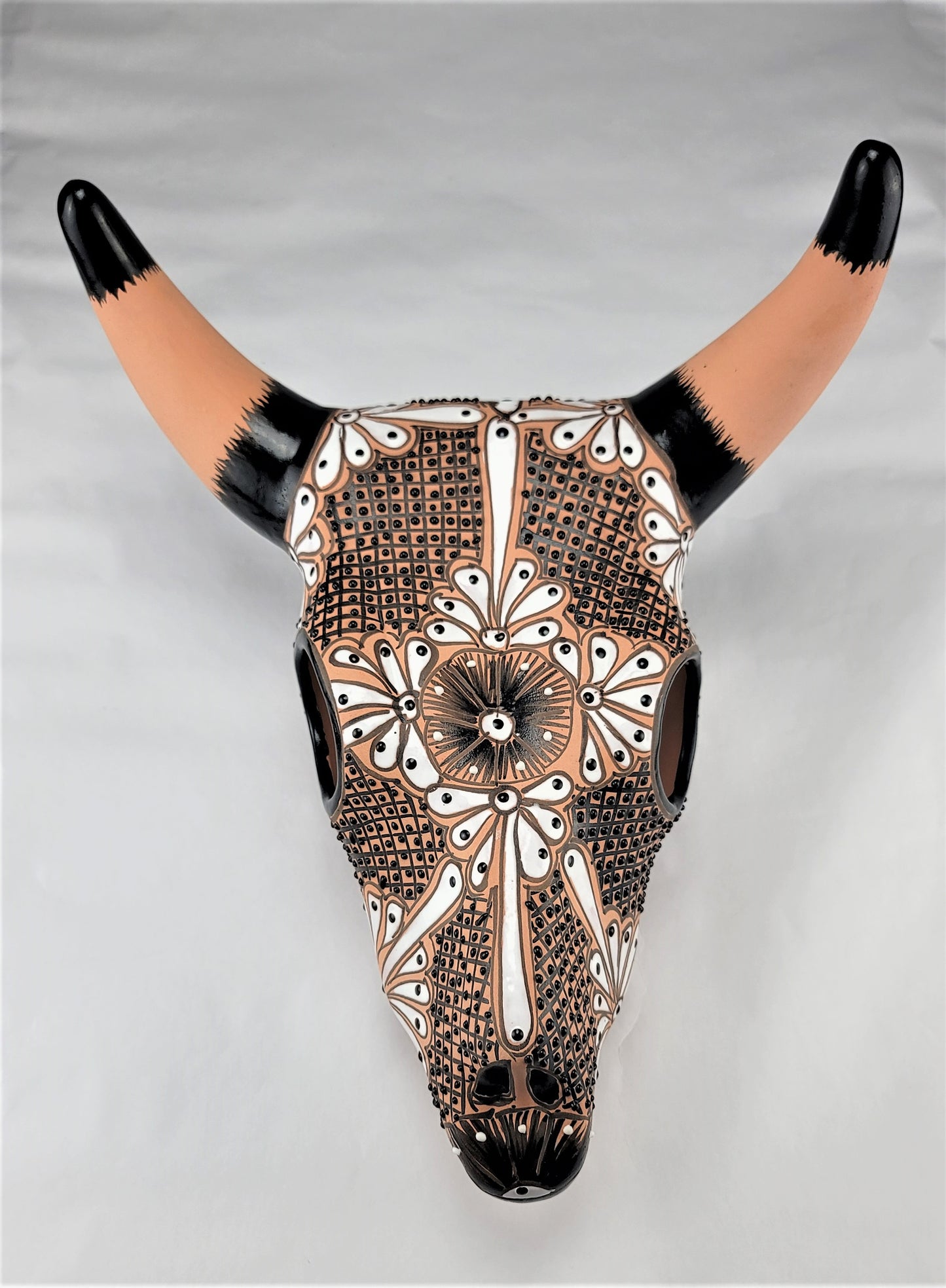 Mexican Hand-Painted Cow Skull Ceramic Pottery Mexico Folk Art