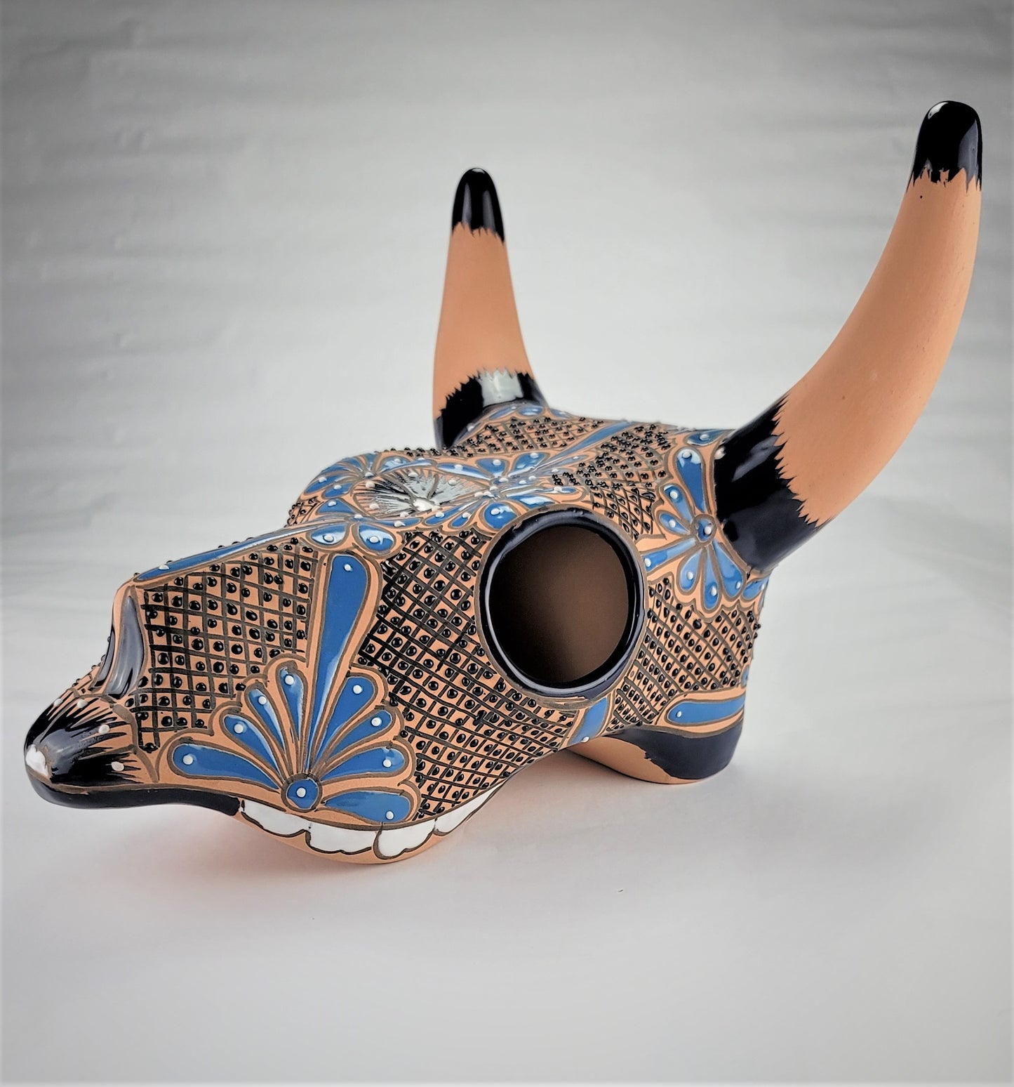 Mexican Hand-Painted Ceramic Cow Skull Mexico Folk Art