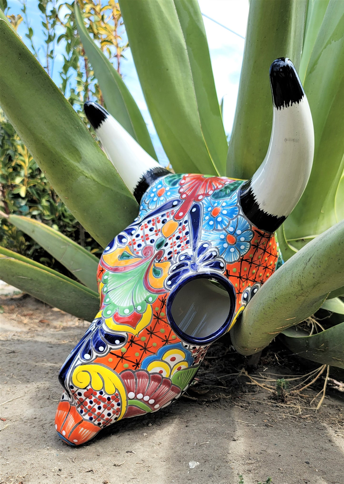 Mexican Hand-Painted Talavera Cow Skull Ceramic Pottery Folk Art