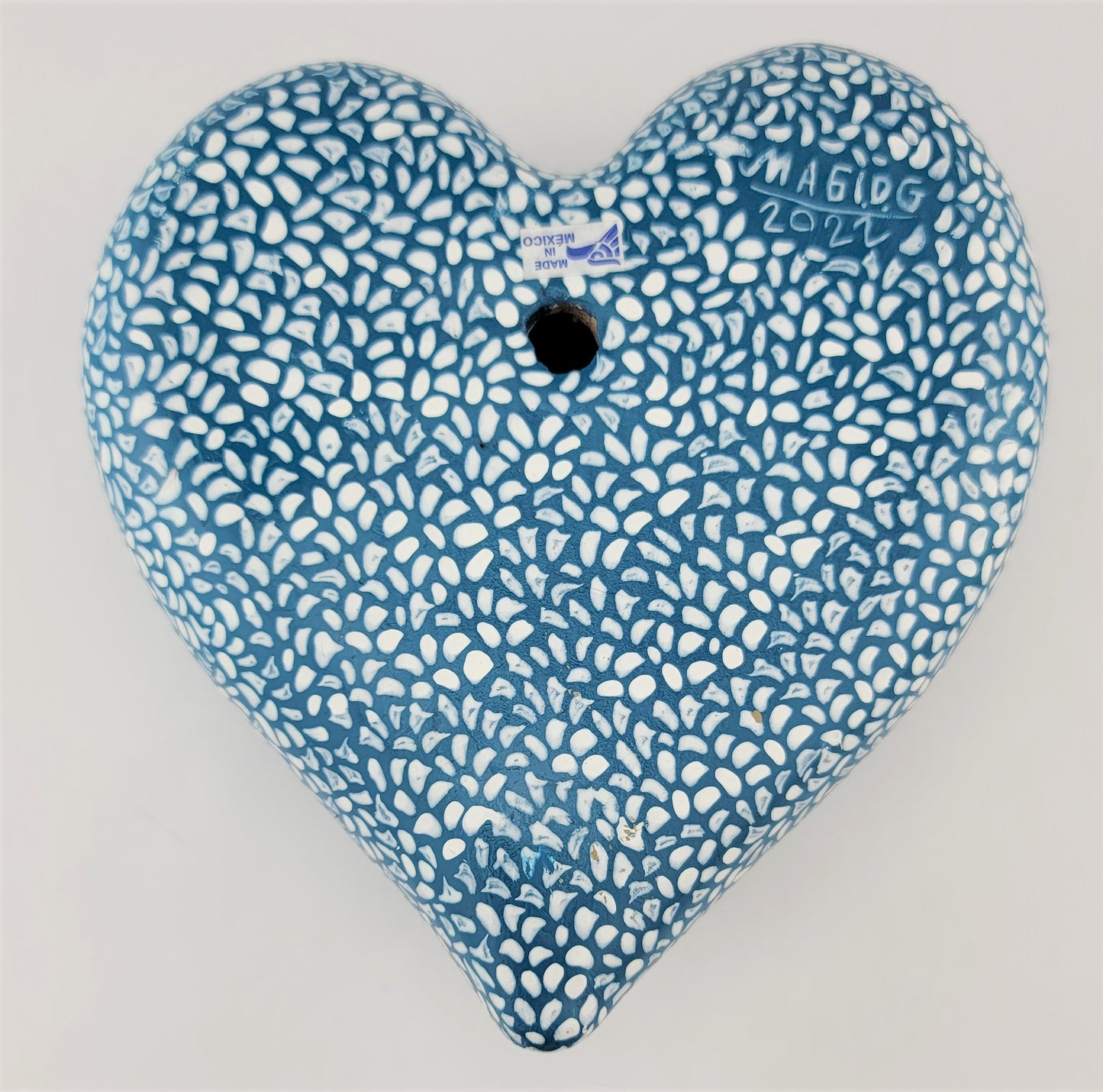 Mexican Hand-Painted Clay Floral Design Wall Deco Sky Blue Heart