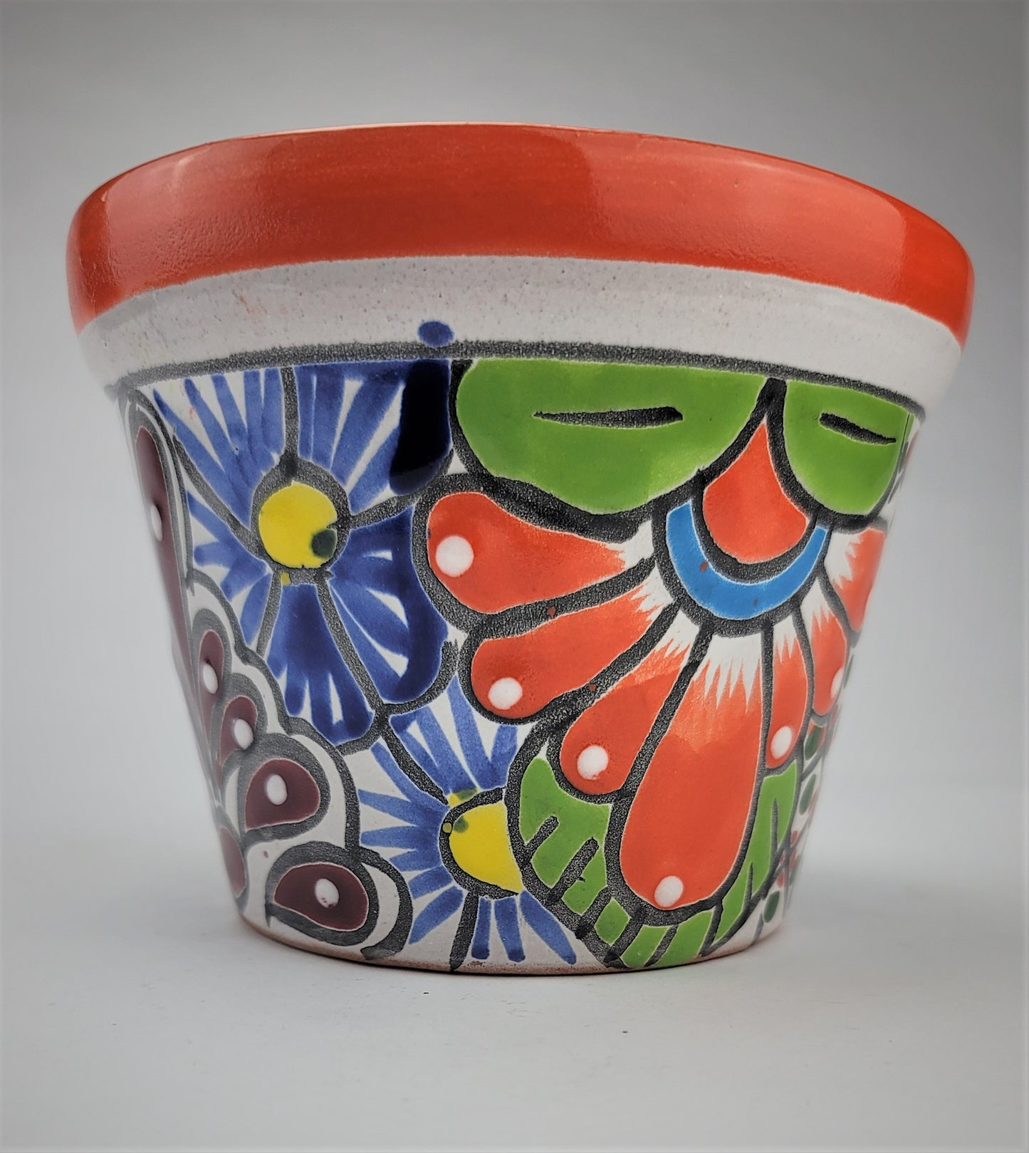 Mexico Pottery Talavera Hand-Painted Flower Pot 5.75" Orange