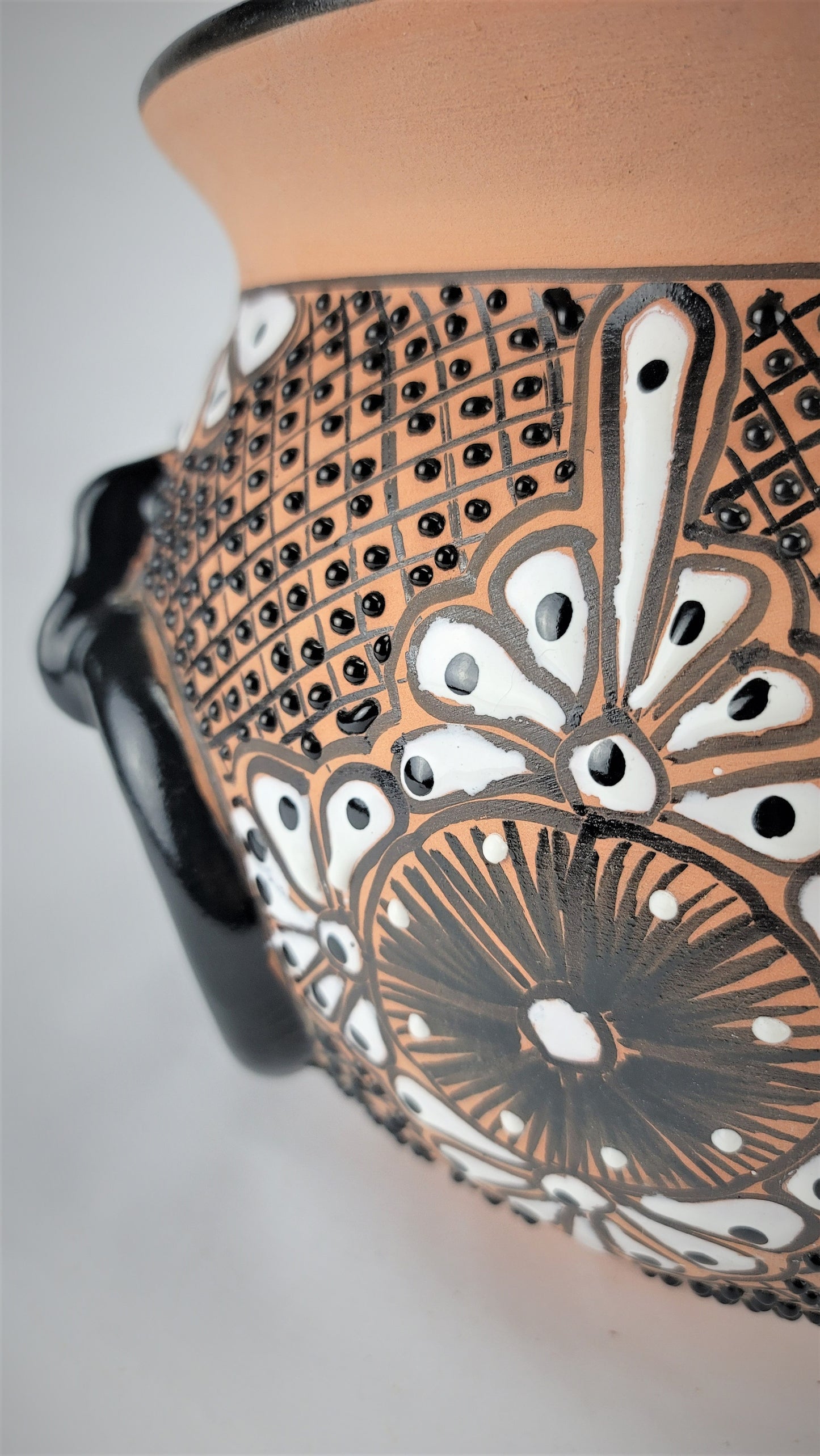 Mexican Pottery Hand-Crafted Floral Design Planter Black