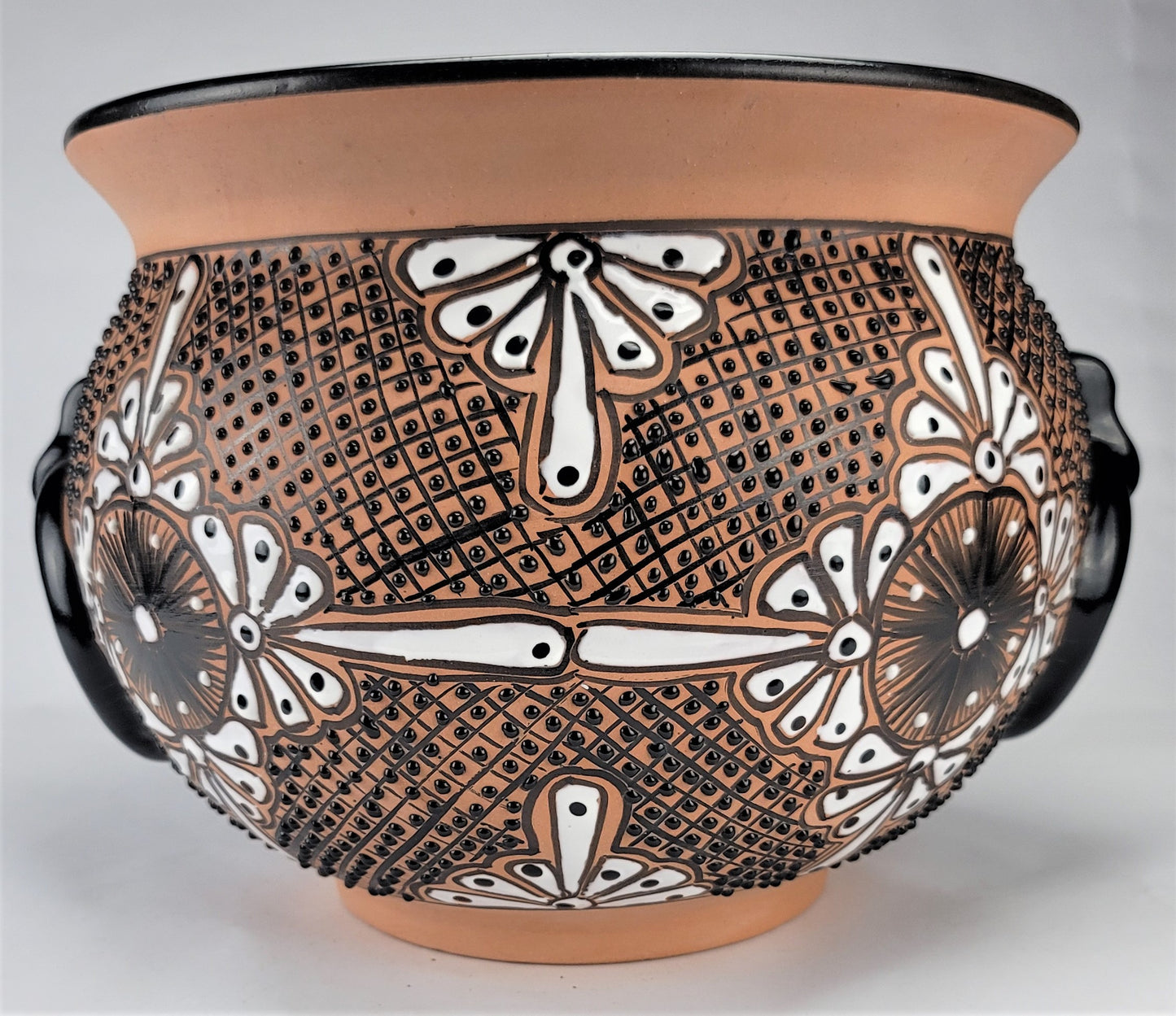 Mexican Pottery Hand-Crafted Floral Design Planter Black