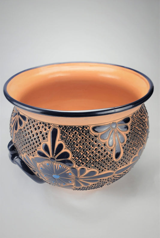 Mexican Pottery Hand-Crafted Floral Design Planter Turquesa