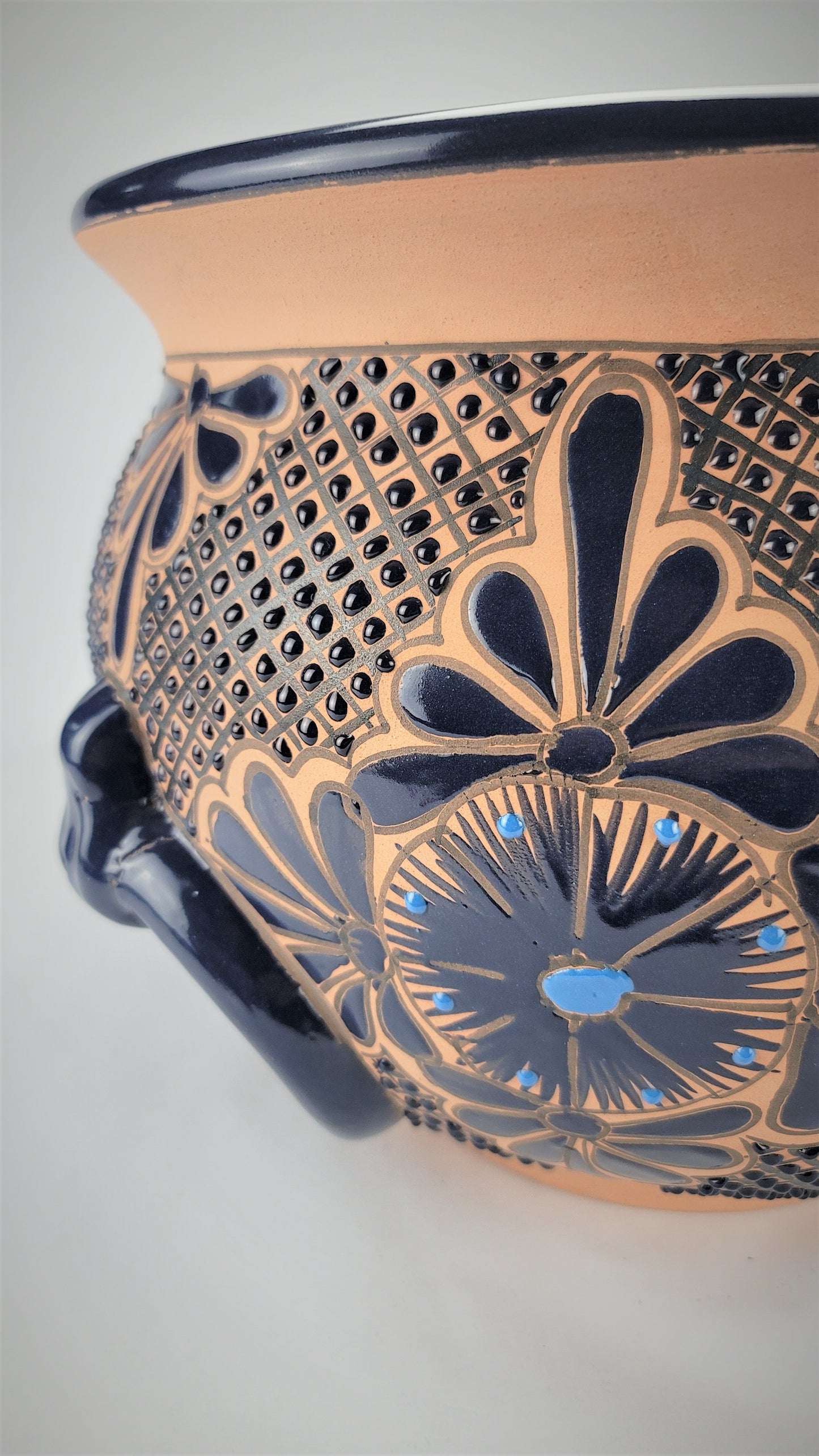 Mexican Pottery Hand-Crafted Floral Design Planter Turquesa