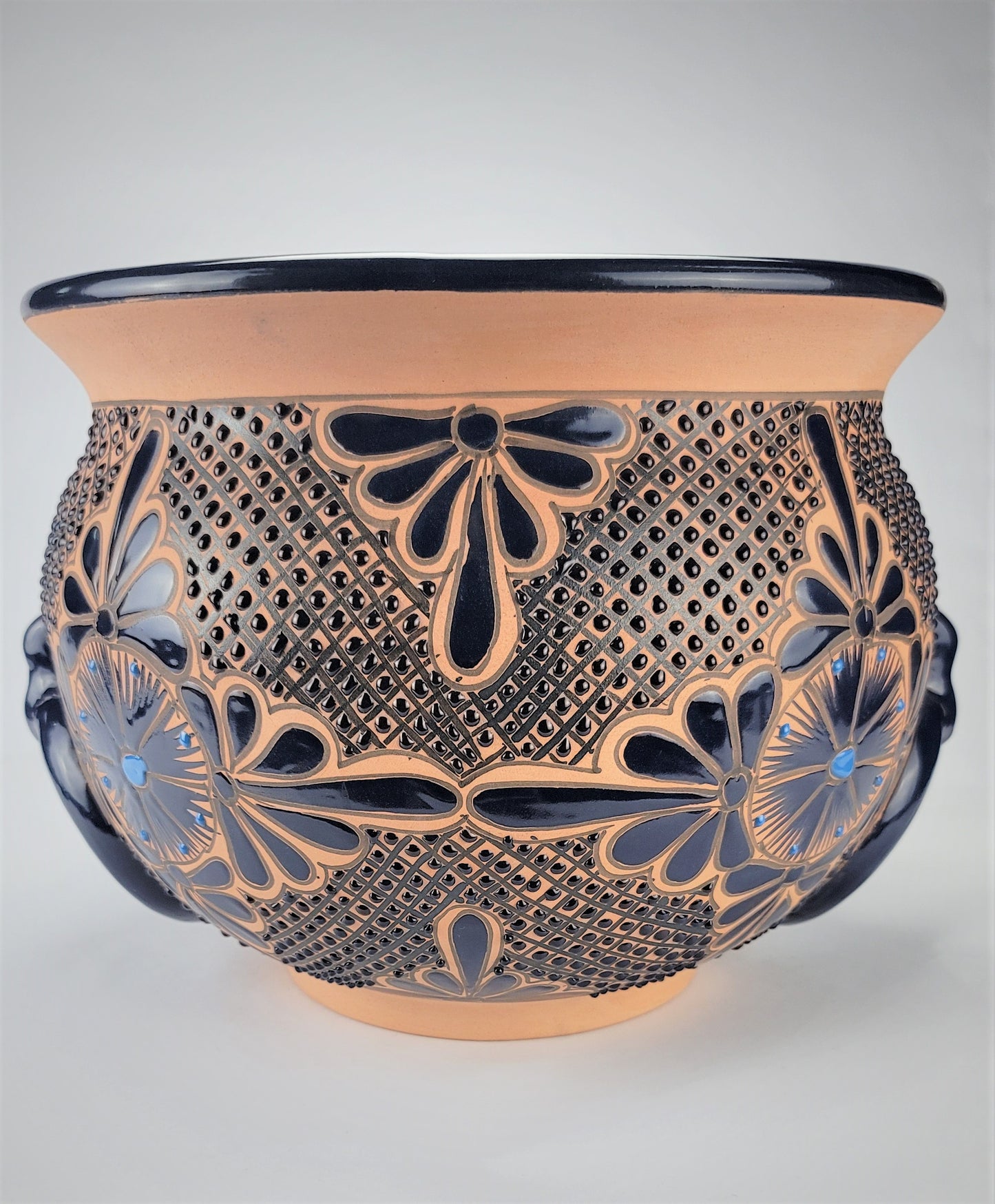 Mexican Pottery Hand-Crafted Floral Design Planter Turquesa