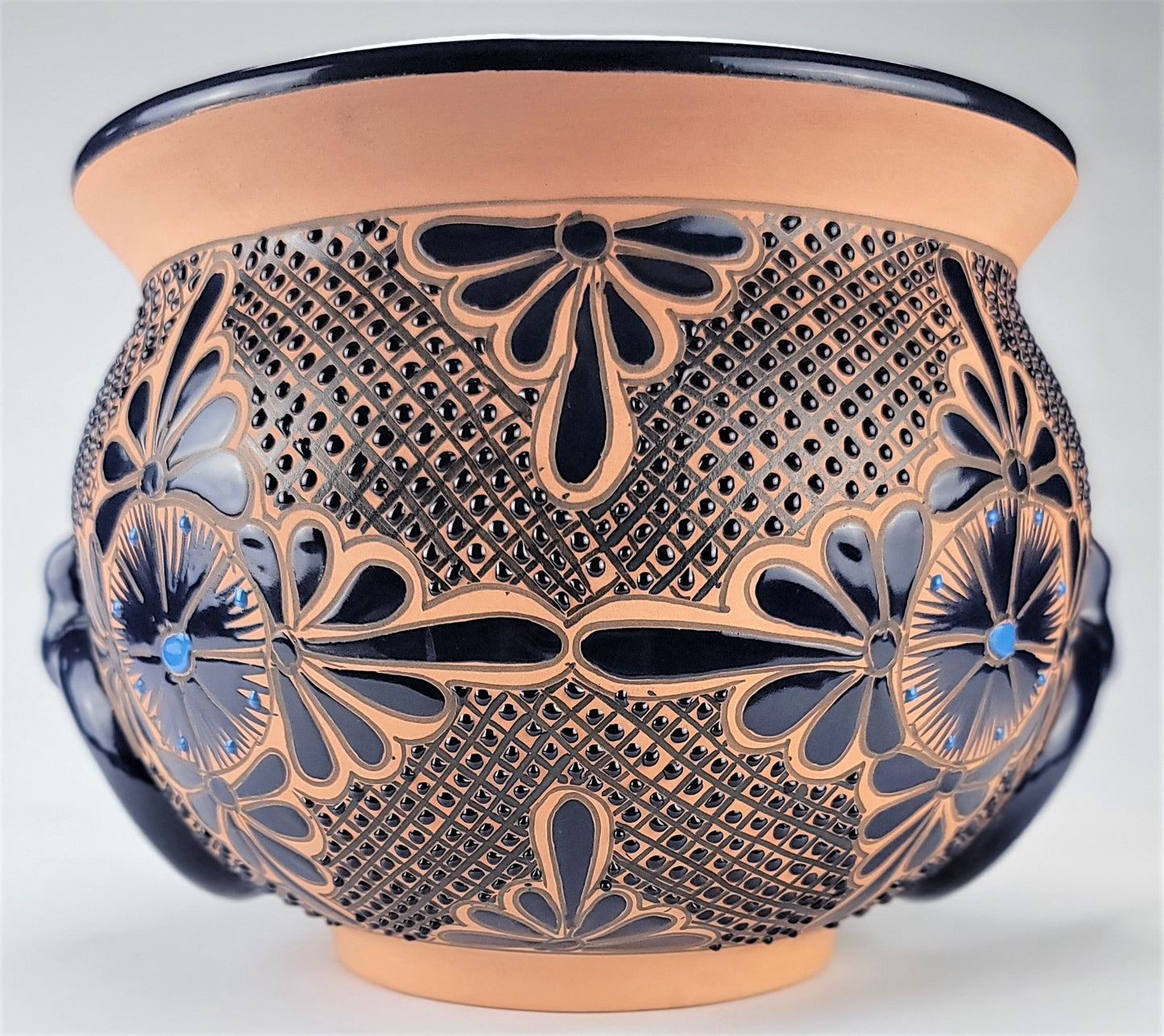 Mexican Pottery Hand-Crafted Floral Design Planter Turquesa