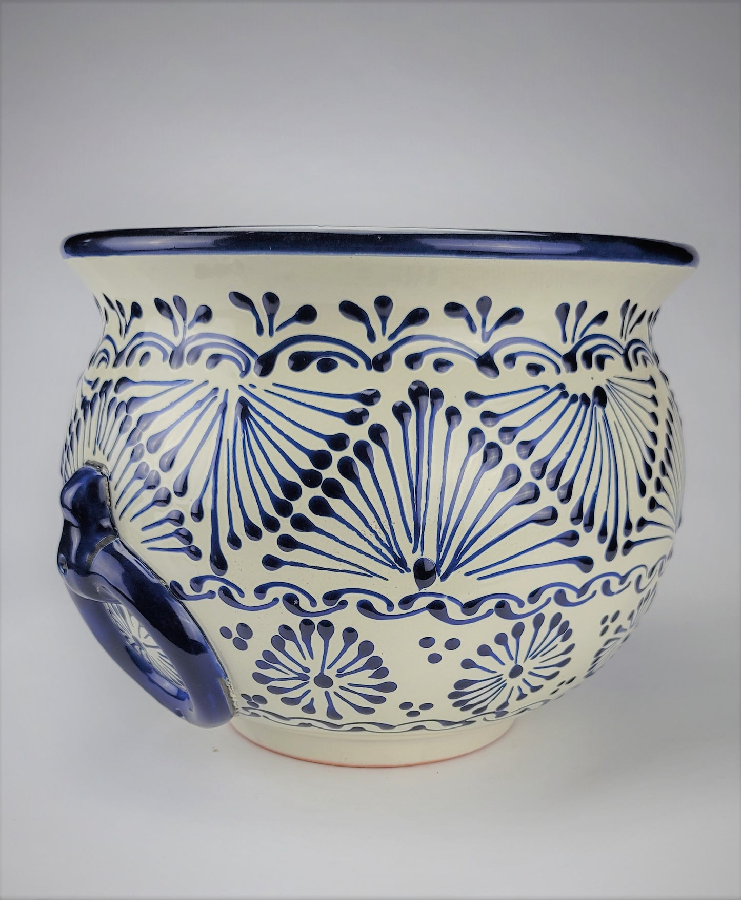 Mexican Pottery Hand-Crafted Floral Design Planter Blue