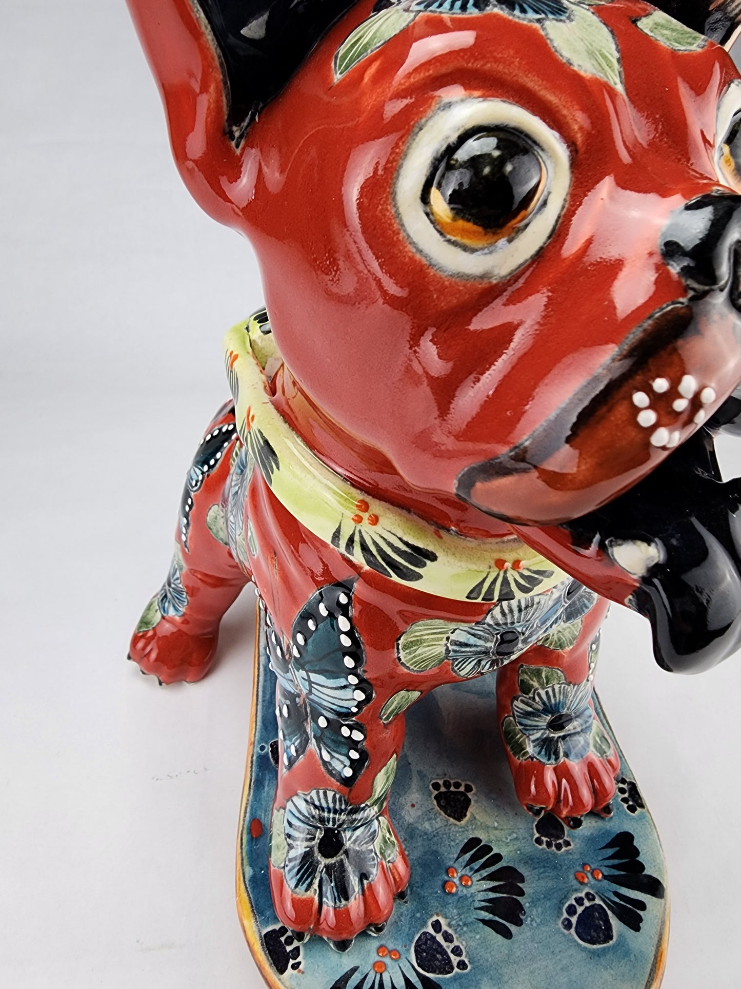 Hand Painted Skateboarding Frenchie Bulldog Ceramic Sculpture Unique Mexican Pottery Art