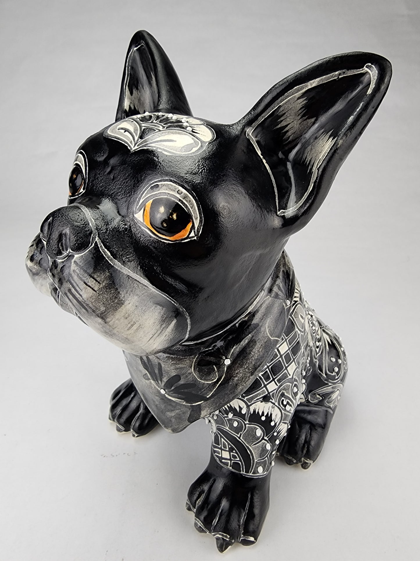 Hand Painted Frenchie Bulldog Ceramic Sculpture Unique Mexican Pottery Art