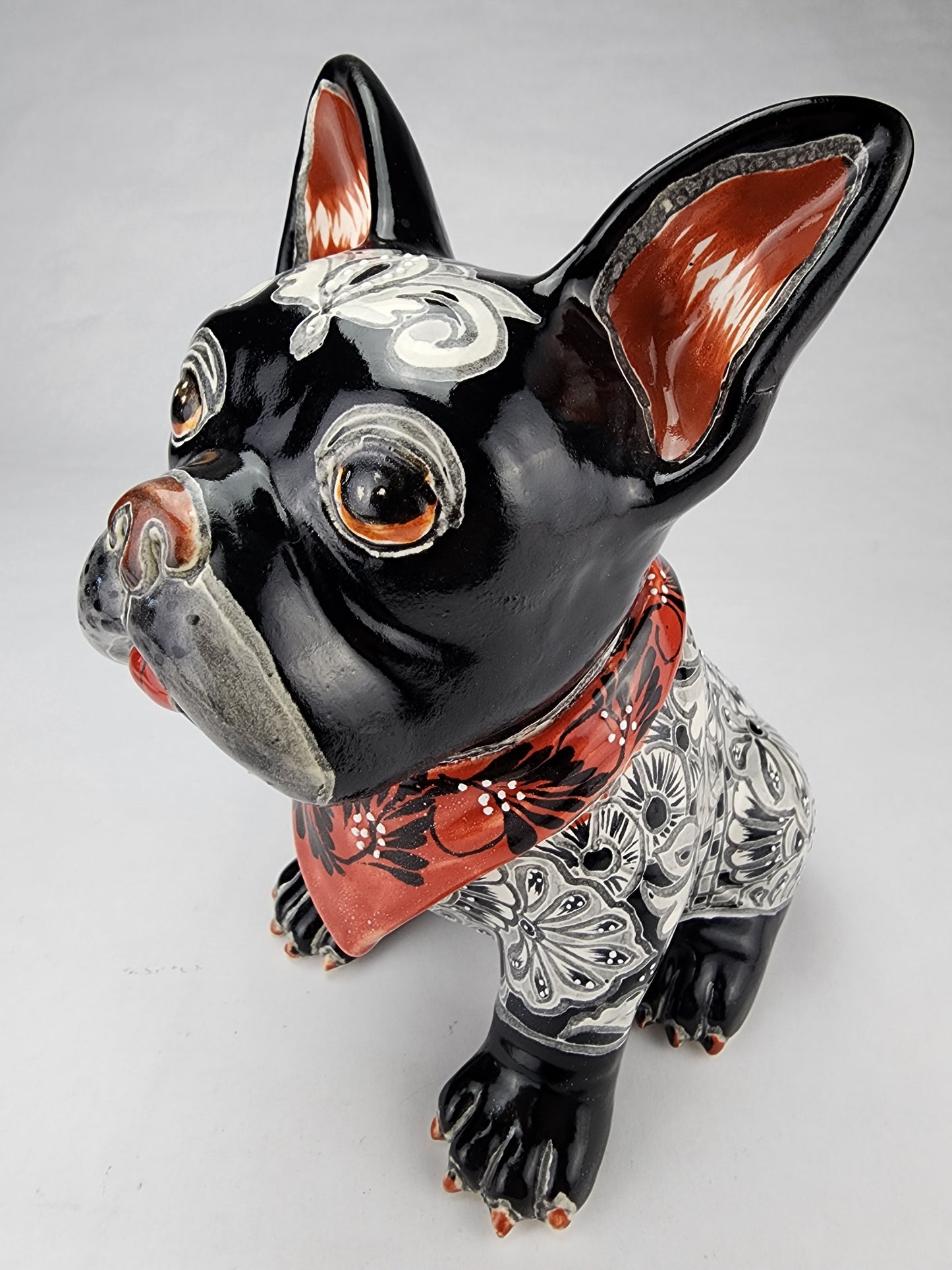 Hand Painted Frenchie Ceramic Sculpture Unique Mexican Pottery Art