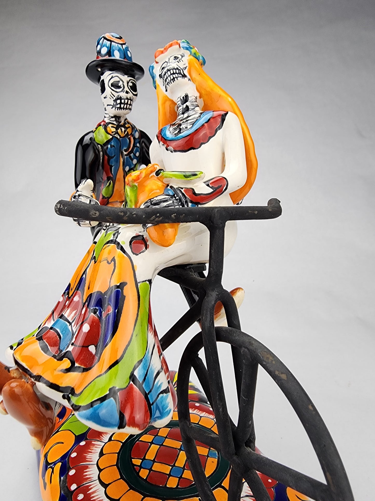 Day of the Dead Hand Painted Catrina Couple on Bike Mexican Folk Art