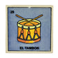Lotería Tile El Tambor #29 Mexican ceramic folk art tile on white background